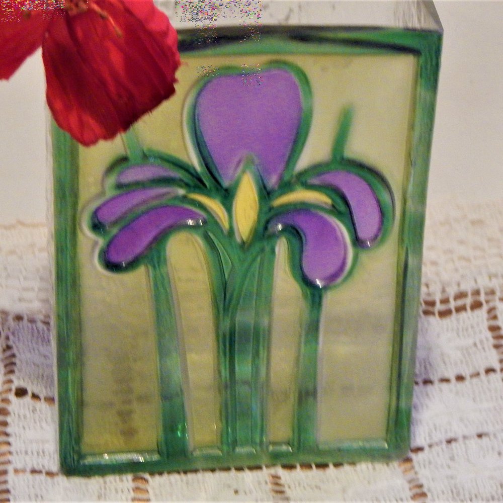 C. 1880, Handmade Stained Glass Vase w/Full-Bloom Iris Flower, Fire-Polished